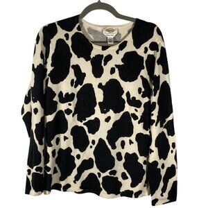 Talbots Womens Cashmere silk Blend fine knit Cow Print Sweater L Black/Beige